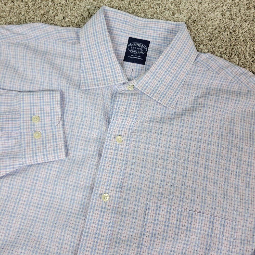Brooks Brothers Non Iron Mens 16.5-34/35 White Red Blue Plaid Button Up LS‎